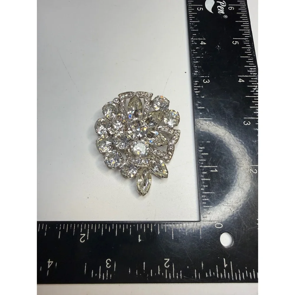 Eisenberg Ice Clear Rhinestone Floral Brooch Silver Tone Marquise Round Pin